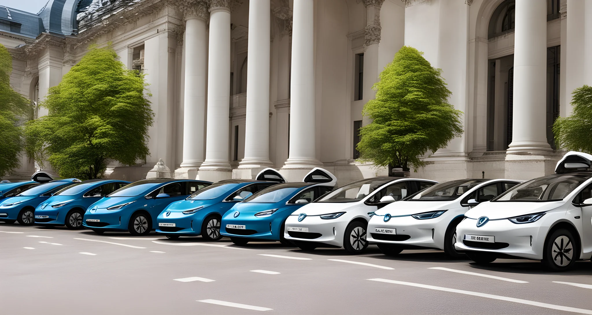 The image shows a fleet of electric and hybrid vehicles parked in front of a government building.