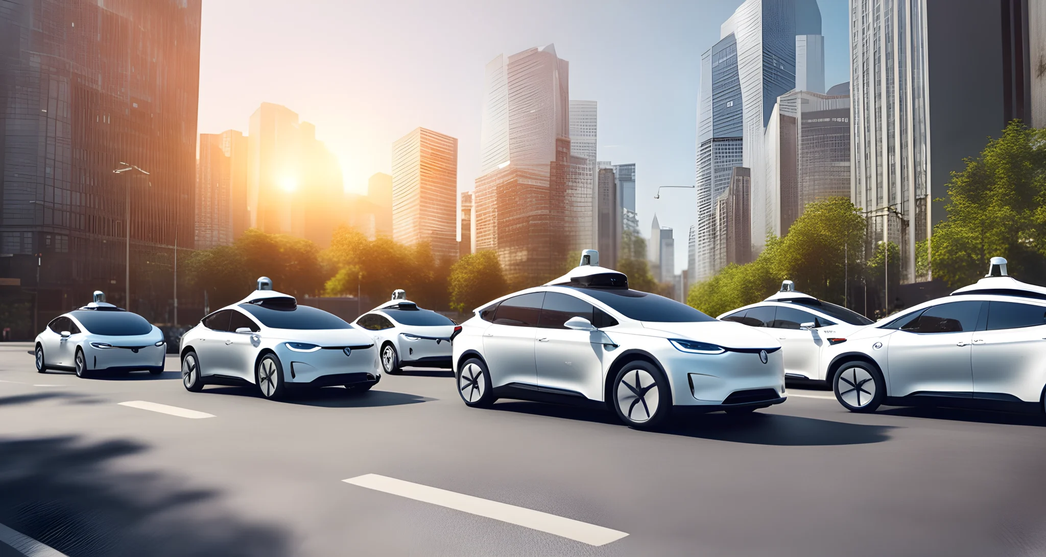 The image shows a fleet of self-driving cars and electric vehicles operating on a city street.