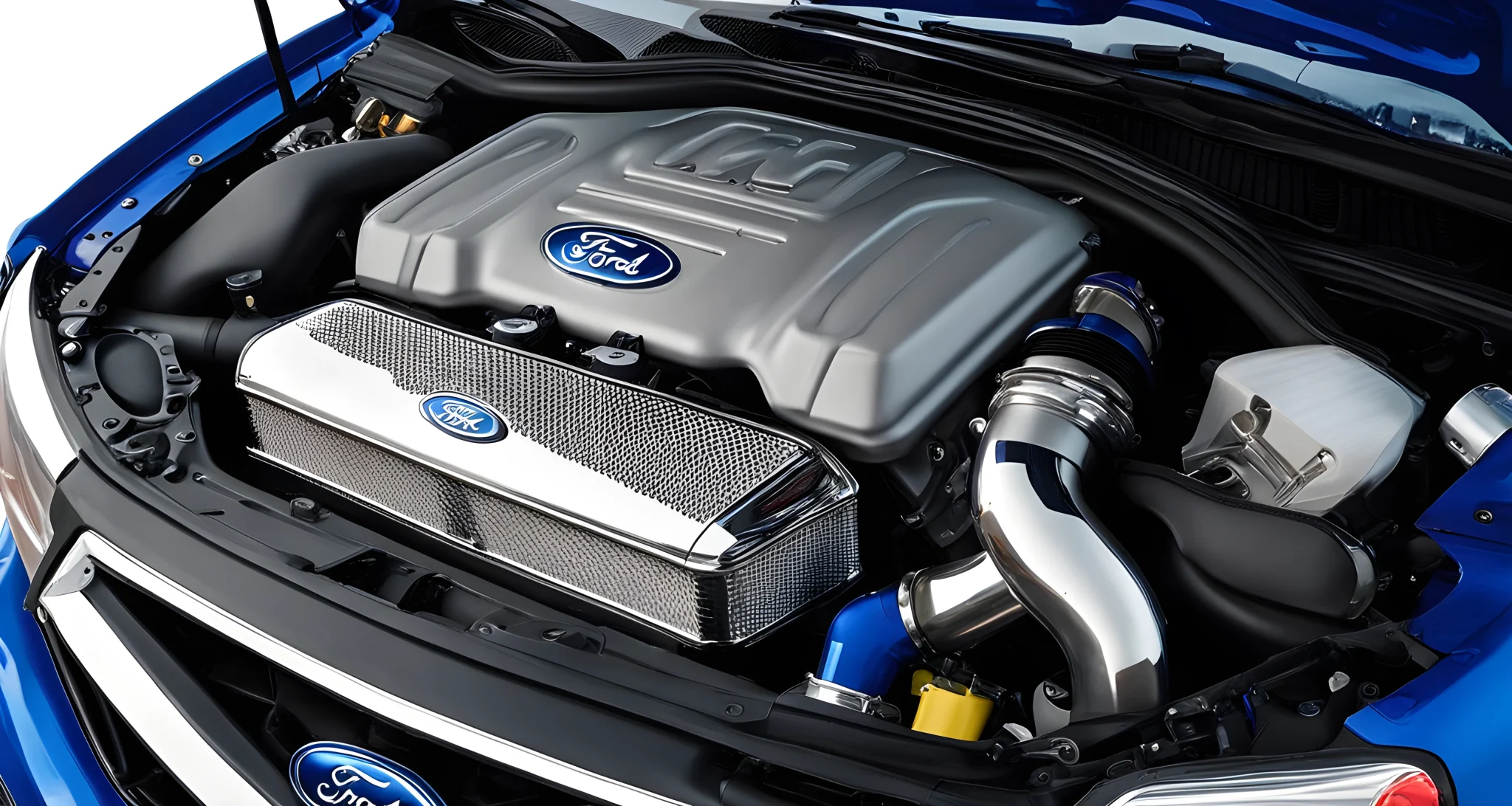 The image shows a Ford engine with aftermarket performance parts installed, including a cold air intake, upgraded exhaust system, and performance tuning chip.