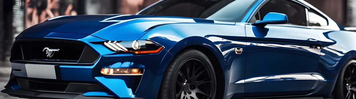 The image shows a Ford Mustang with a customized performance exhaust and a sleek body kit.