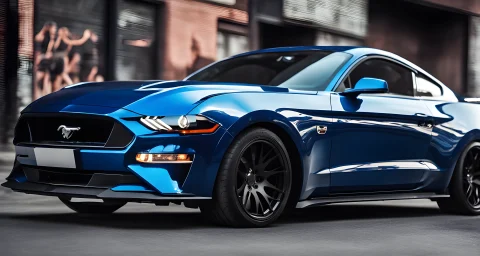 The image shows a Ford Mustang with a customized performance exhaust and a sleek body kit.