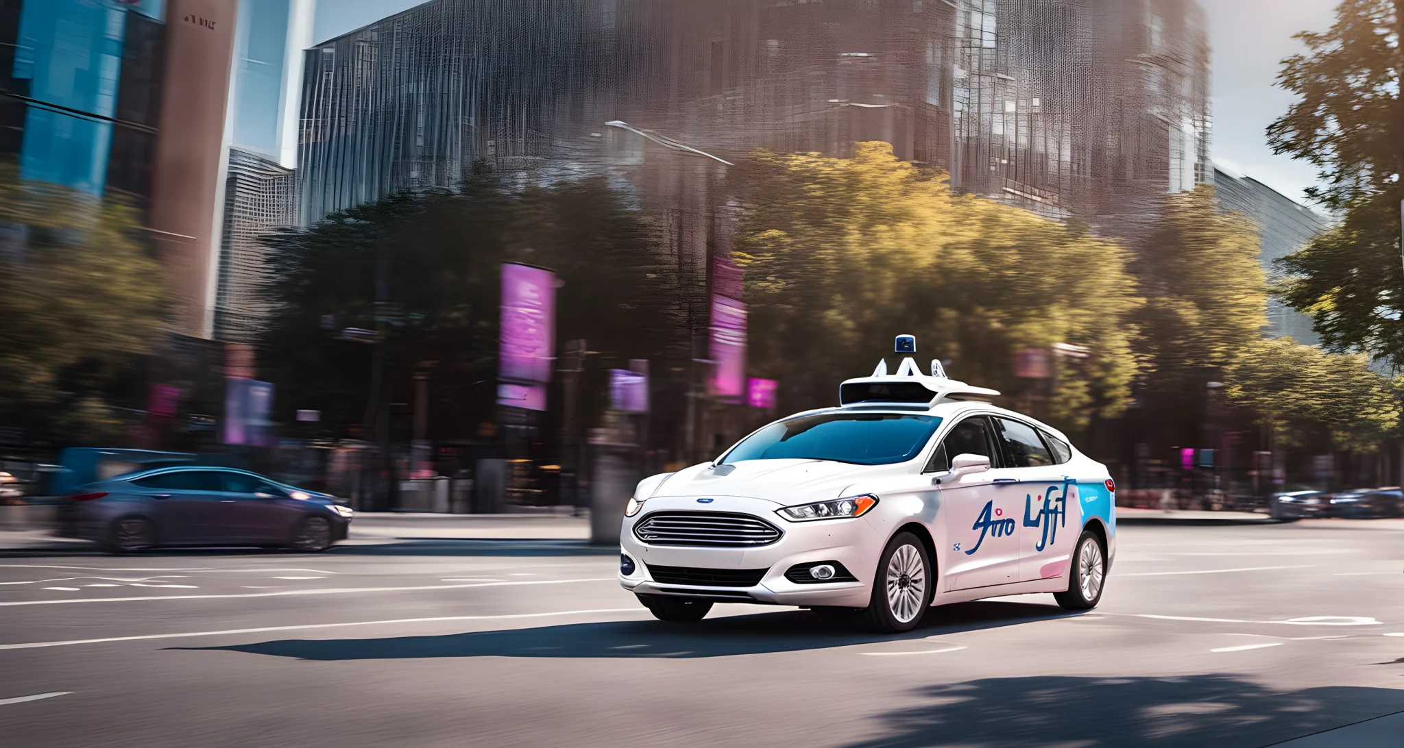 The image shows a Ford self-driving car, with the Argo AI and Lyft logos displayed prominently on the vehicle.