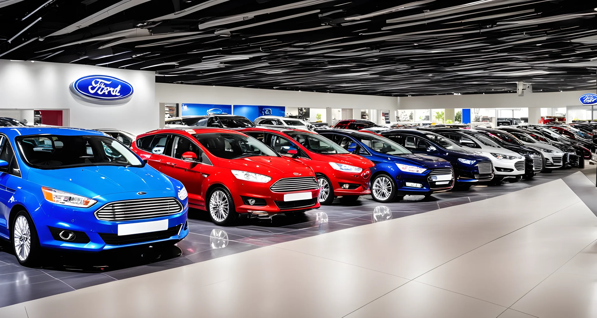 The image shows a Ford vehicle dealership with various new and used cars on display.