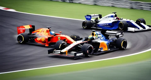 The image shows a Formula 1 car and a NASCAR car racing on a track.