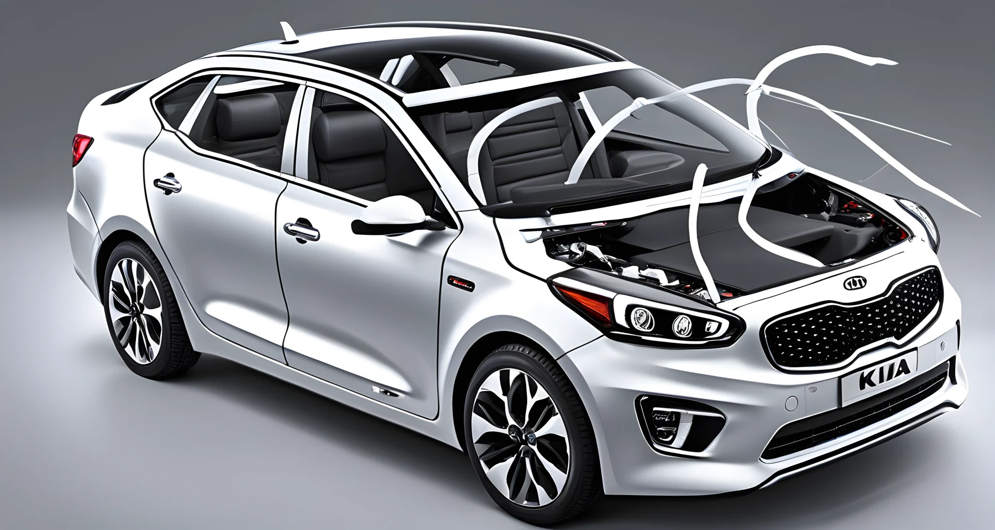 The image shows a front and side view of a Kia vehicle with prominent airbags, reinforced body structure, and crumple zones.
