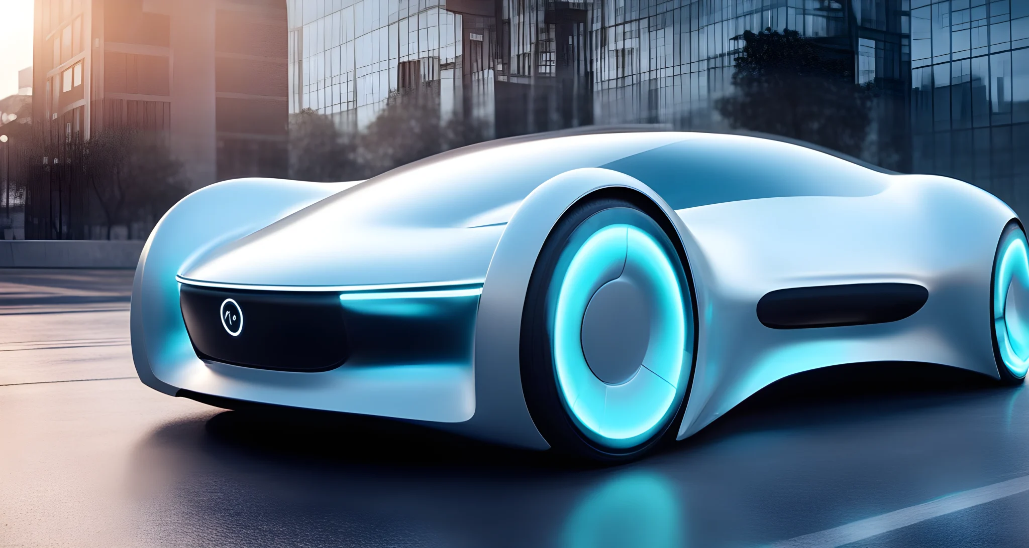 The image shows a futuristic autonomous electric vehicle with sleek, aerodynamic design and clean energy sources.