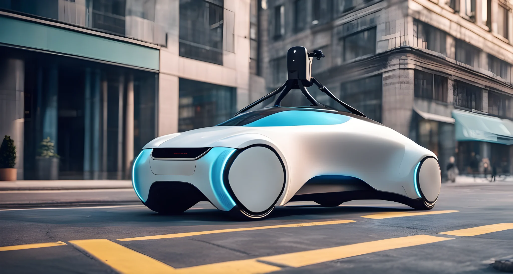 The image shows a futuristic electric autonomous vehicle on a city street.