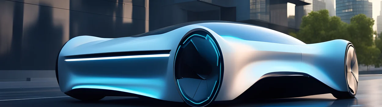 The image shows a futuristic electric car prototype with sleek and aerodynamic design, advanced digital dashboard, and autonomous driving capabilities.