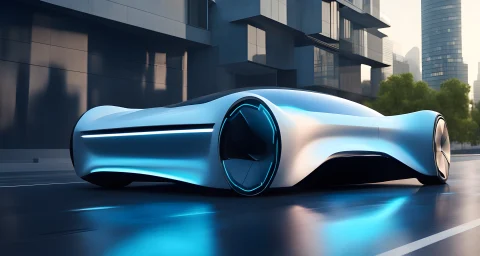 The image shows a futuristic electric car prototype with sleek and aerodynamic design, advanced digital dashboard, and autonomous driving capabilities.