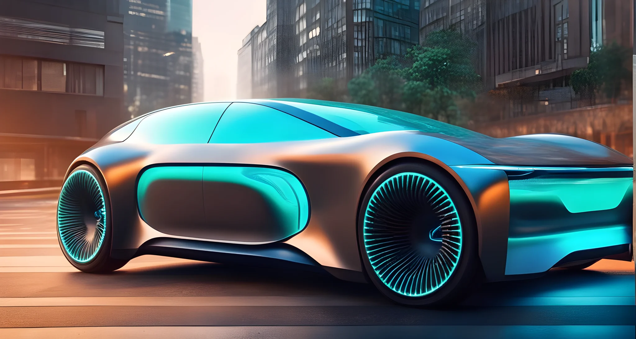 The image shows a futuristic electric vehicle with advanced connectivity features.