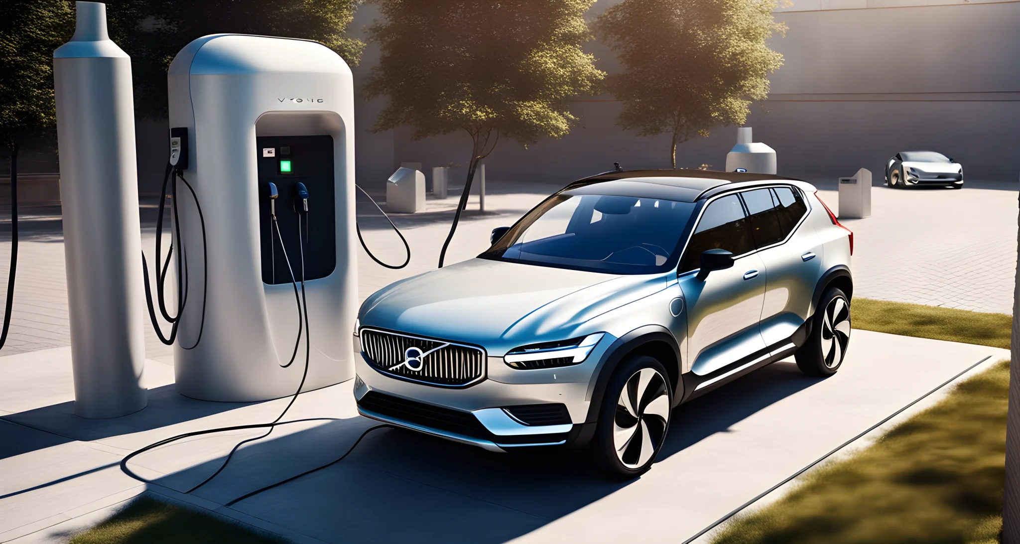 The image shows a futuristic Volvo electric car being charged at a solar-powered charging station.