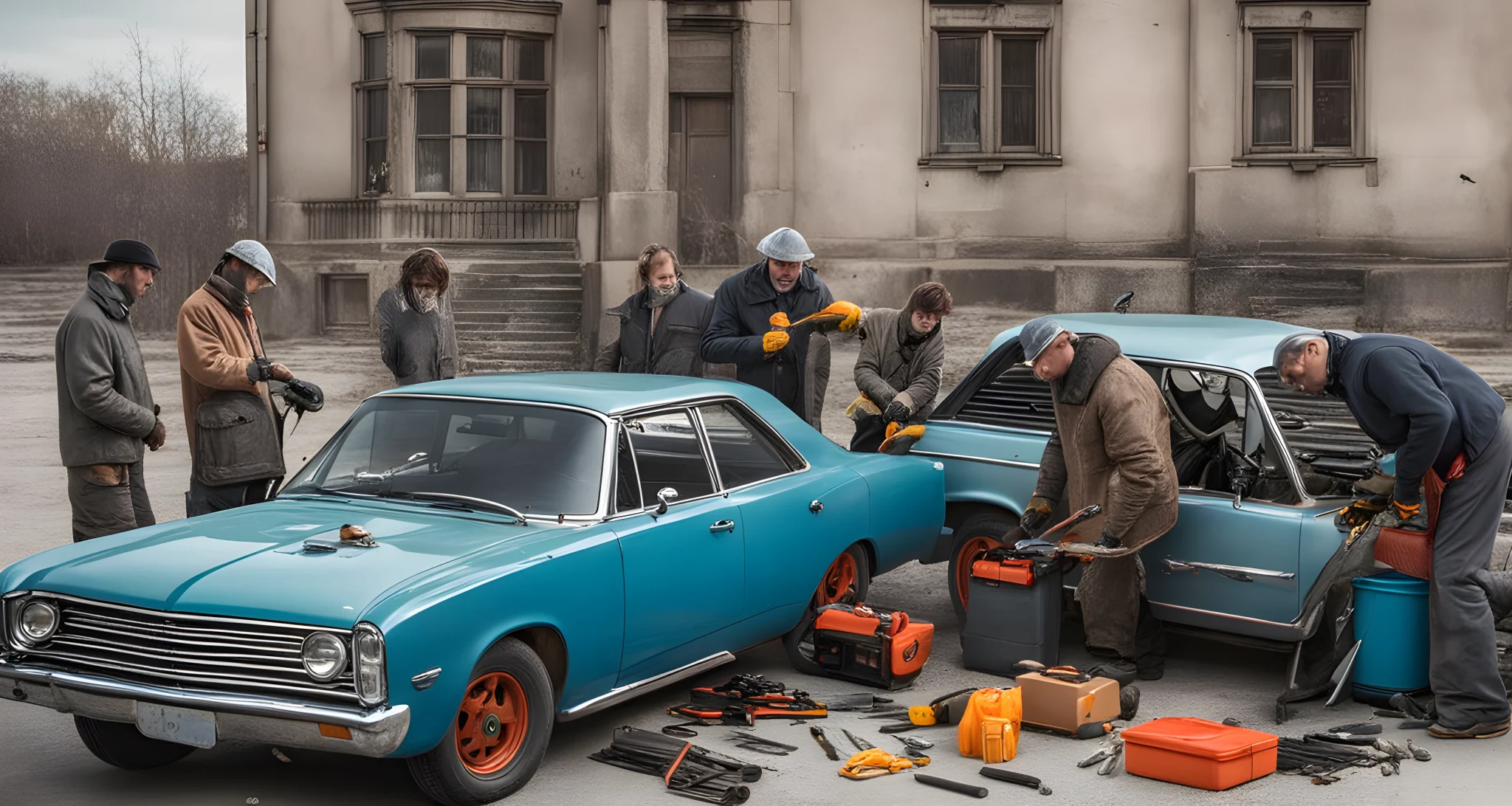 The image shows a group of people gathered around a car, with tools and maintenance equipment spread out on the ground.