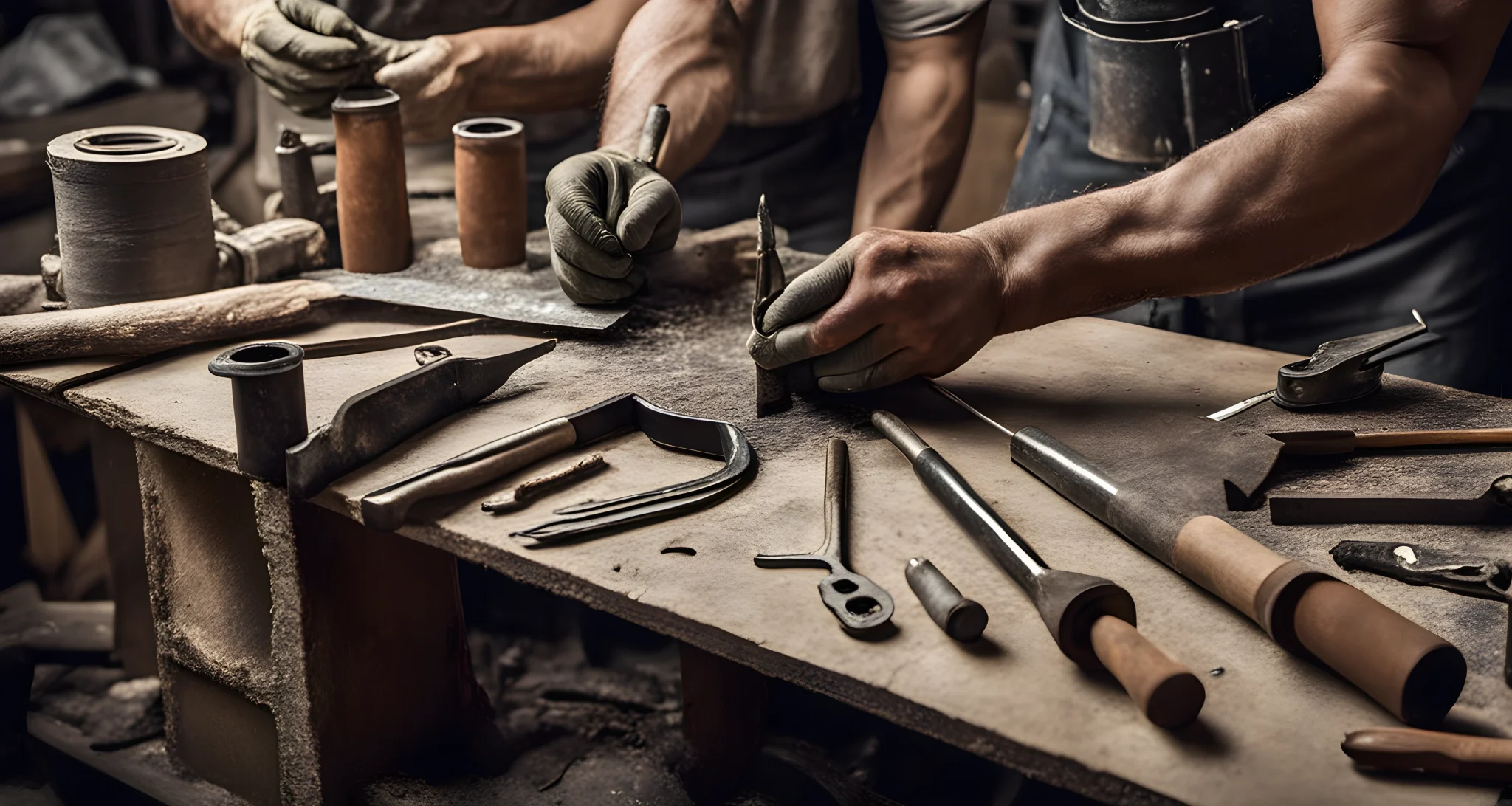 The image shows a group of people using unconventional tools and materials to repair and upgrade various items.