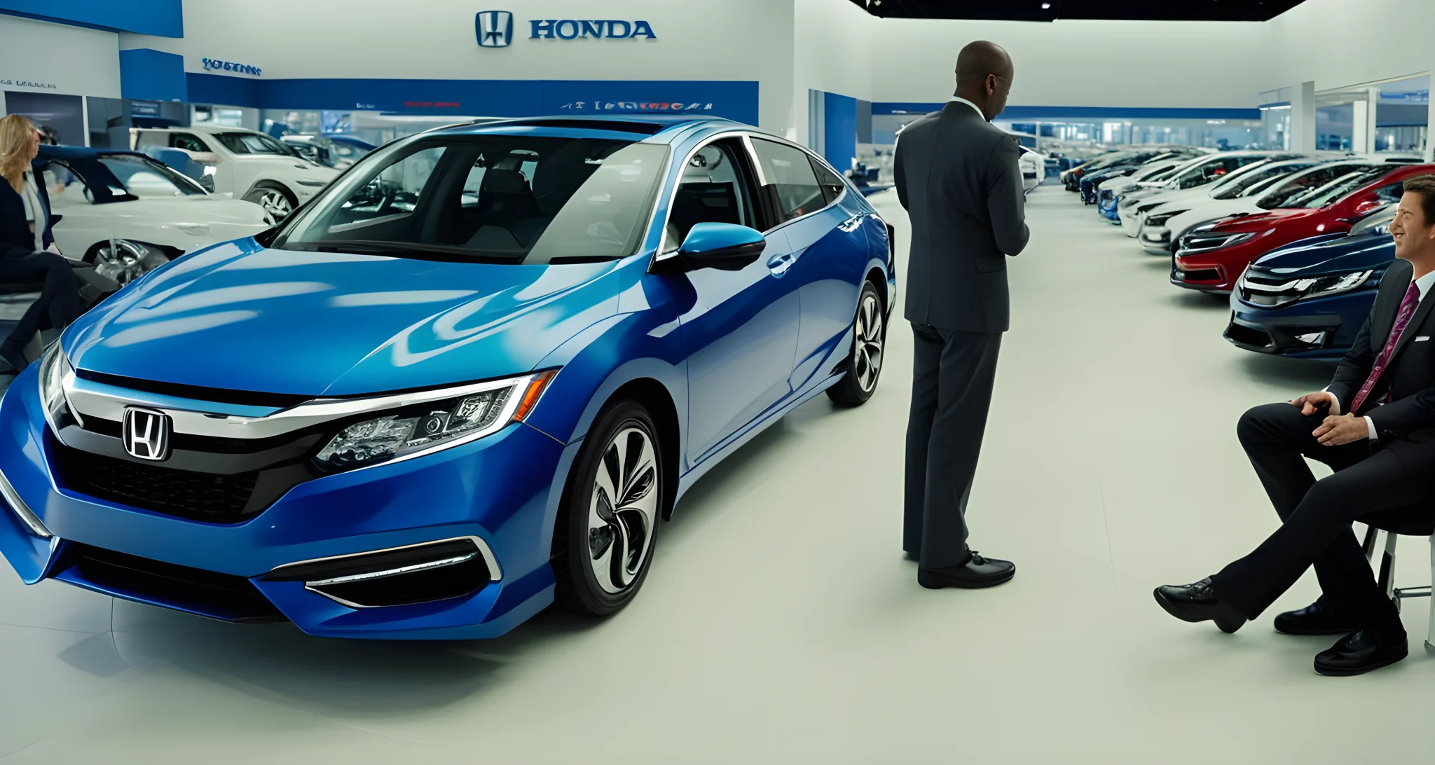 The image shows a Honda car dealership with rows of new and used Honda vehicles on display. In the foreground, a sales representative is speaking with a couple seated at a desk.