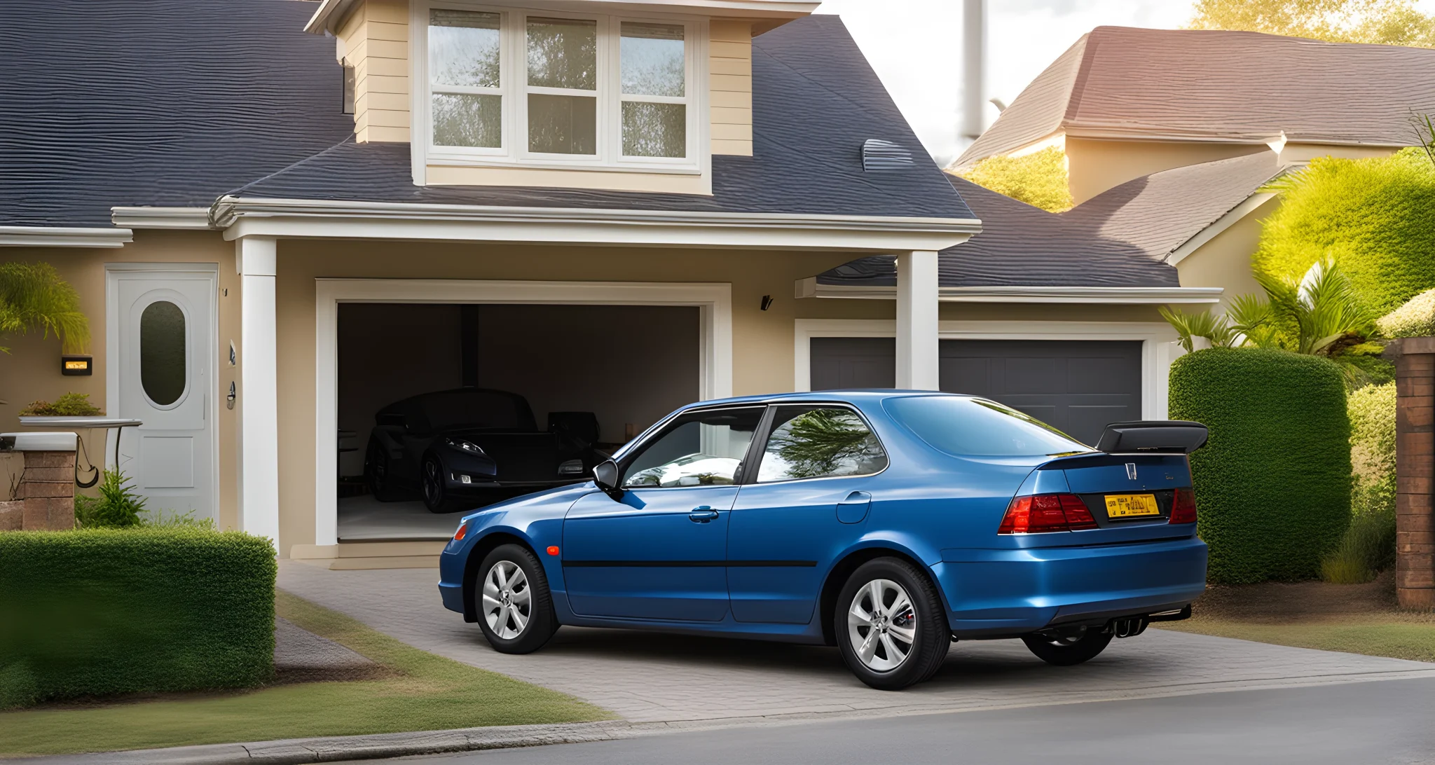 The image shows a Honda car parked in a driveway, with a laptop open on the driver's seat and a stack of insurance paperwork on the passenger seat.