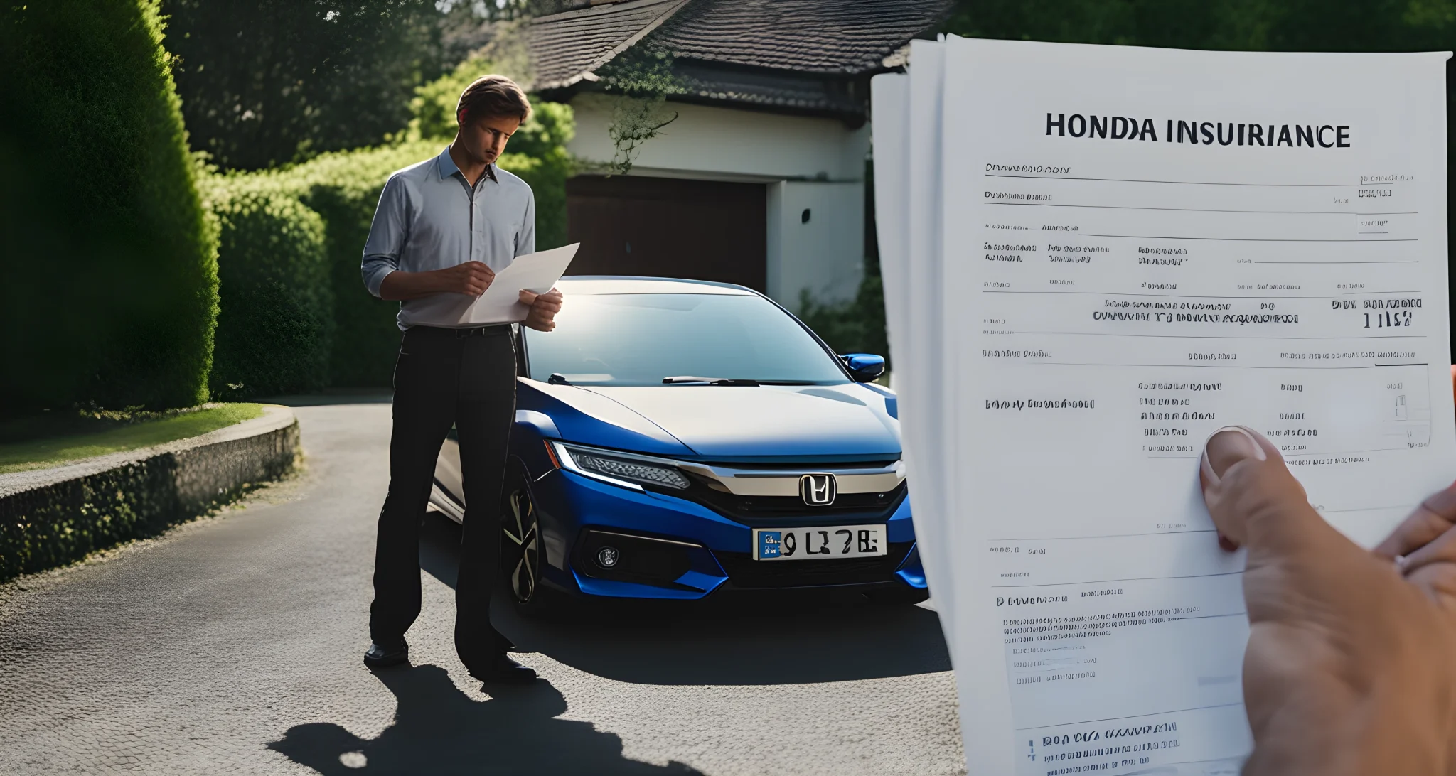 The image shows a Honda car parked in a driveway, with a person holding car insurance paperwork next to it.