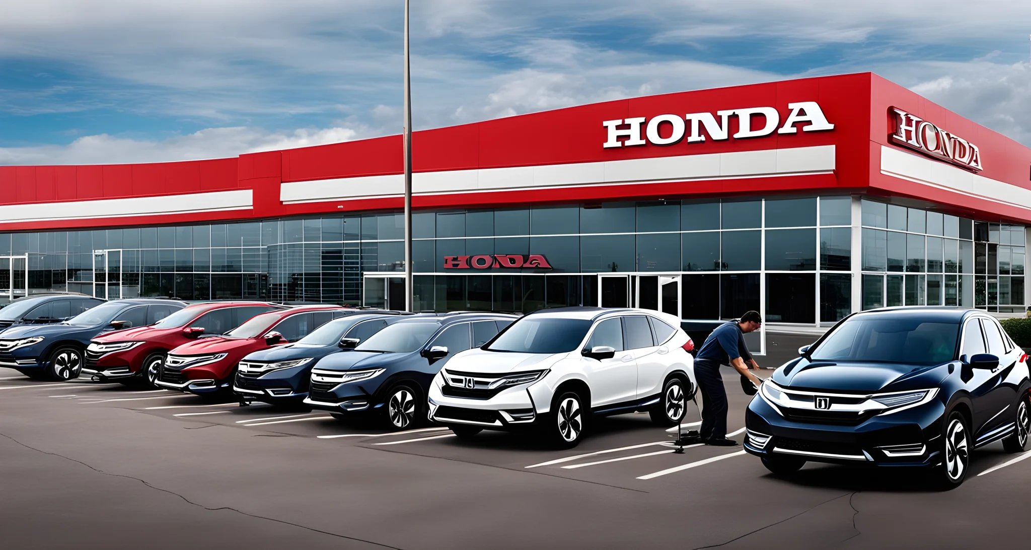 The image shows a Honda dealership sign, a row of new Honda vehicles, and a service center with technicians working on cars.