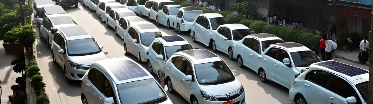 The image shows a hybrid car on a congested city street in China, with a prominent display of solar panels on the rooftop.