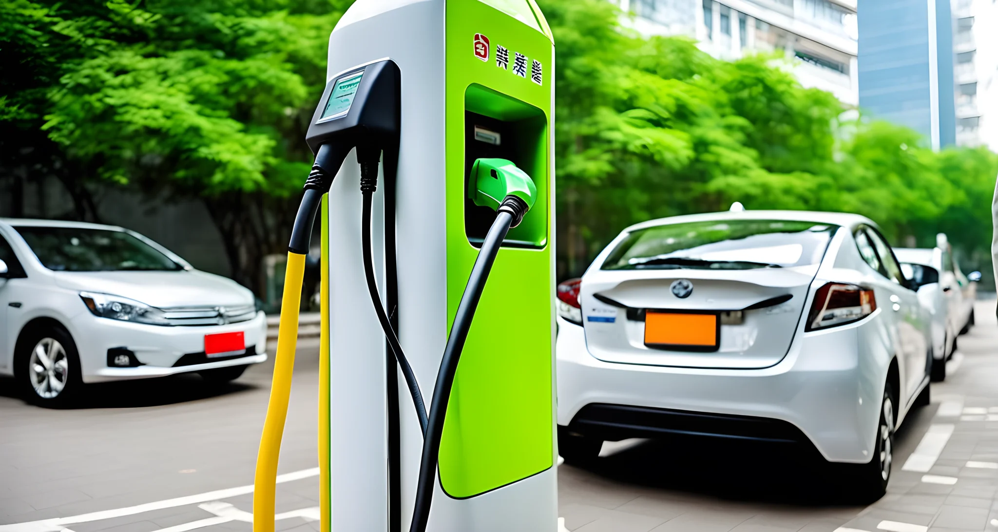 The image shows a hybrid electric vehicle being charged at a government-approved charging station in China.