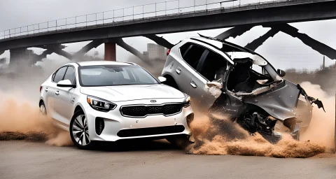 The image shows a Kia vehicle being crashed tested.