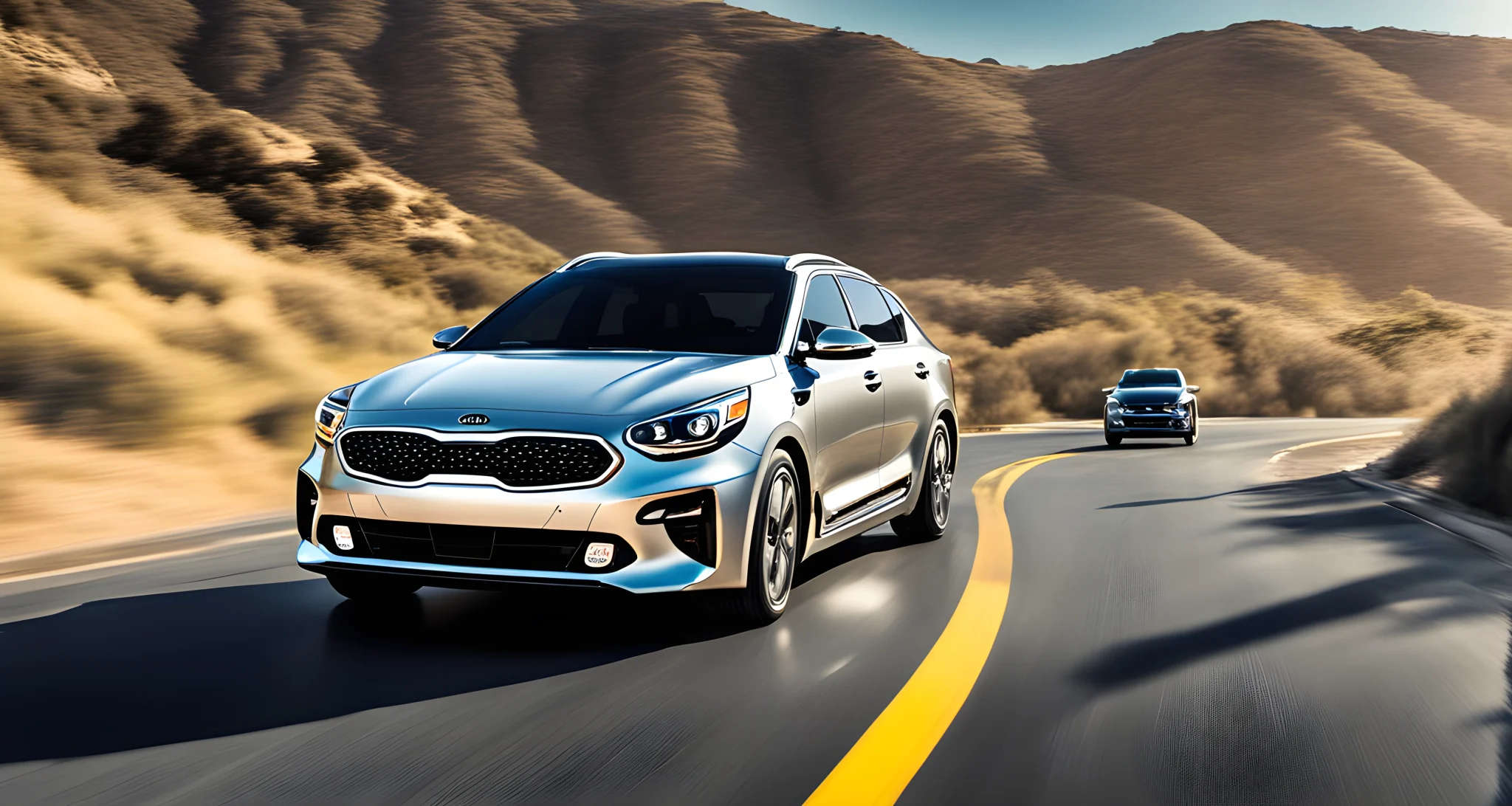 The image shows a Kia vehicle equipped with advanced driver assistance systems (ADAS) such as lane departure warning, automatic emergency braking, and adaptive cruise control.