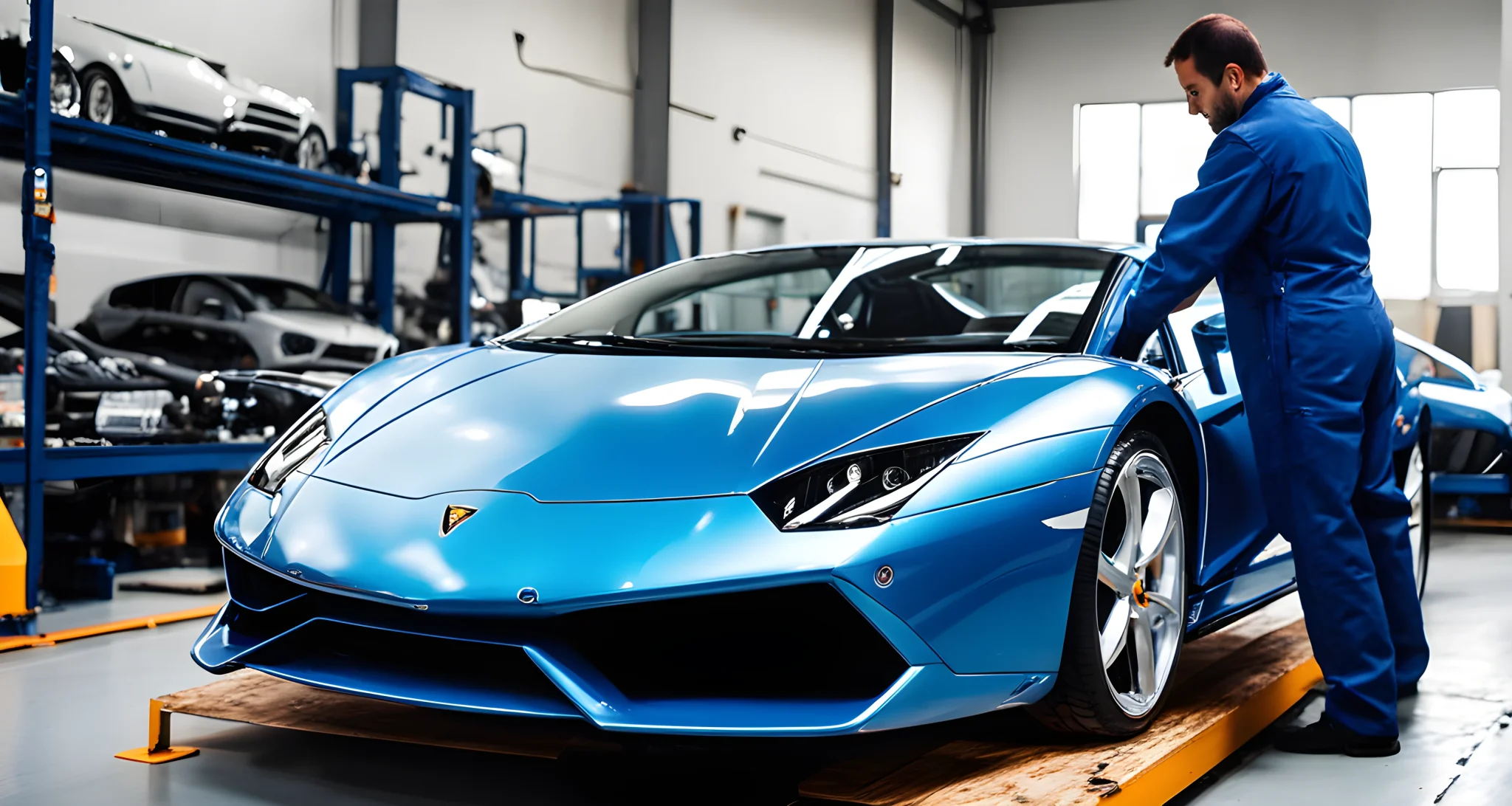 The image shows a Lamborghini vehicle being inspected by a technician for safety and reliability purposes.