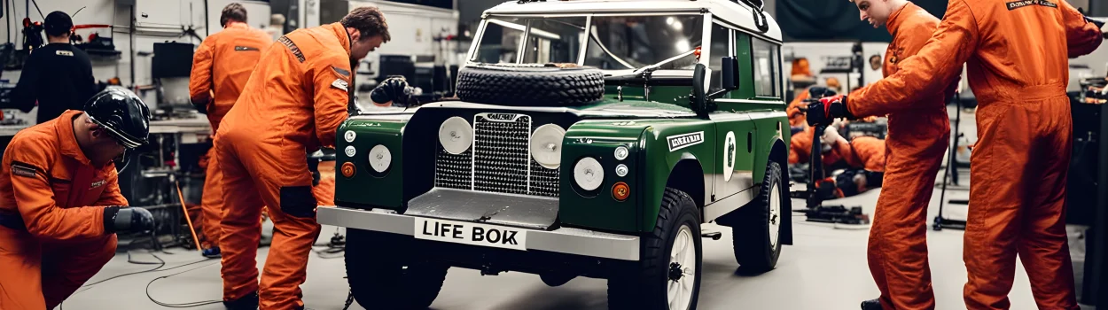 The image shows a Land Rover race car on a track, with a team of mechanics working on the vehicle.