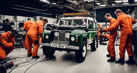 The image shows a Land Rover race car on a track, with a team of mechanics working on the vehicle.