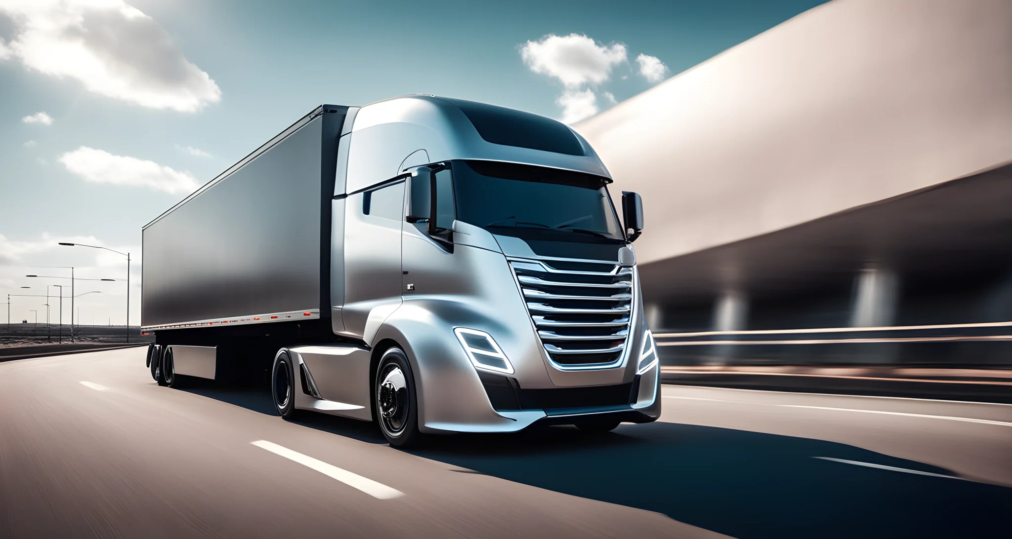 The image shows a large electric heavy-duty truck on a highway, with a futuristic design and a sleek exterior.