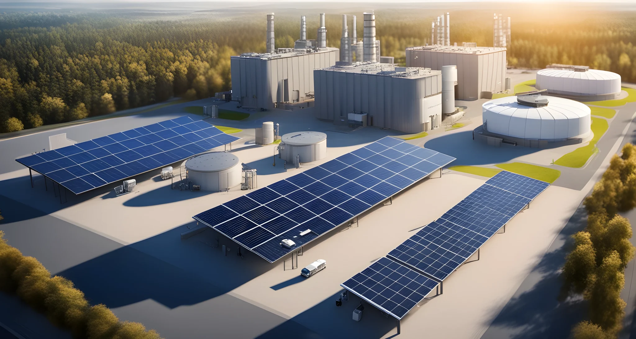 The image shows a large industrial facility with tall factory buildings, solar panels, and a hydrogen refueling station.