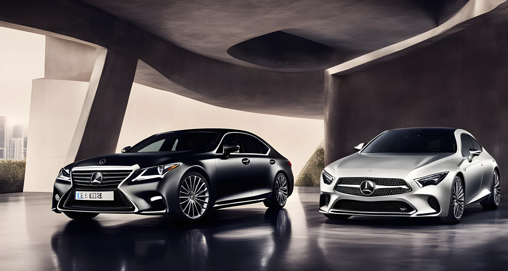 The image shows a Lexus car parked next to a Mercedes-Benz car. Both vehicles are in modern and sleek designs, showcasing luxury and quality engineering.