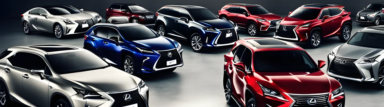 The image shows a lineup of different car brands including Lexus, with each car brand's logo prominently displayed on the front of the vehicles.