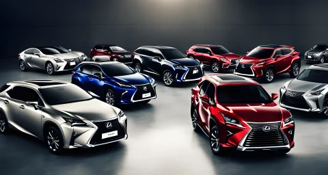 The image shows a lineup of different car brands including Lexus, with each car brand's logo prominently displayed on the front of the vehicles.