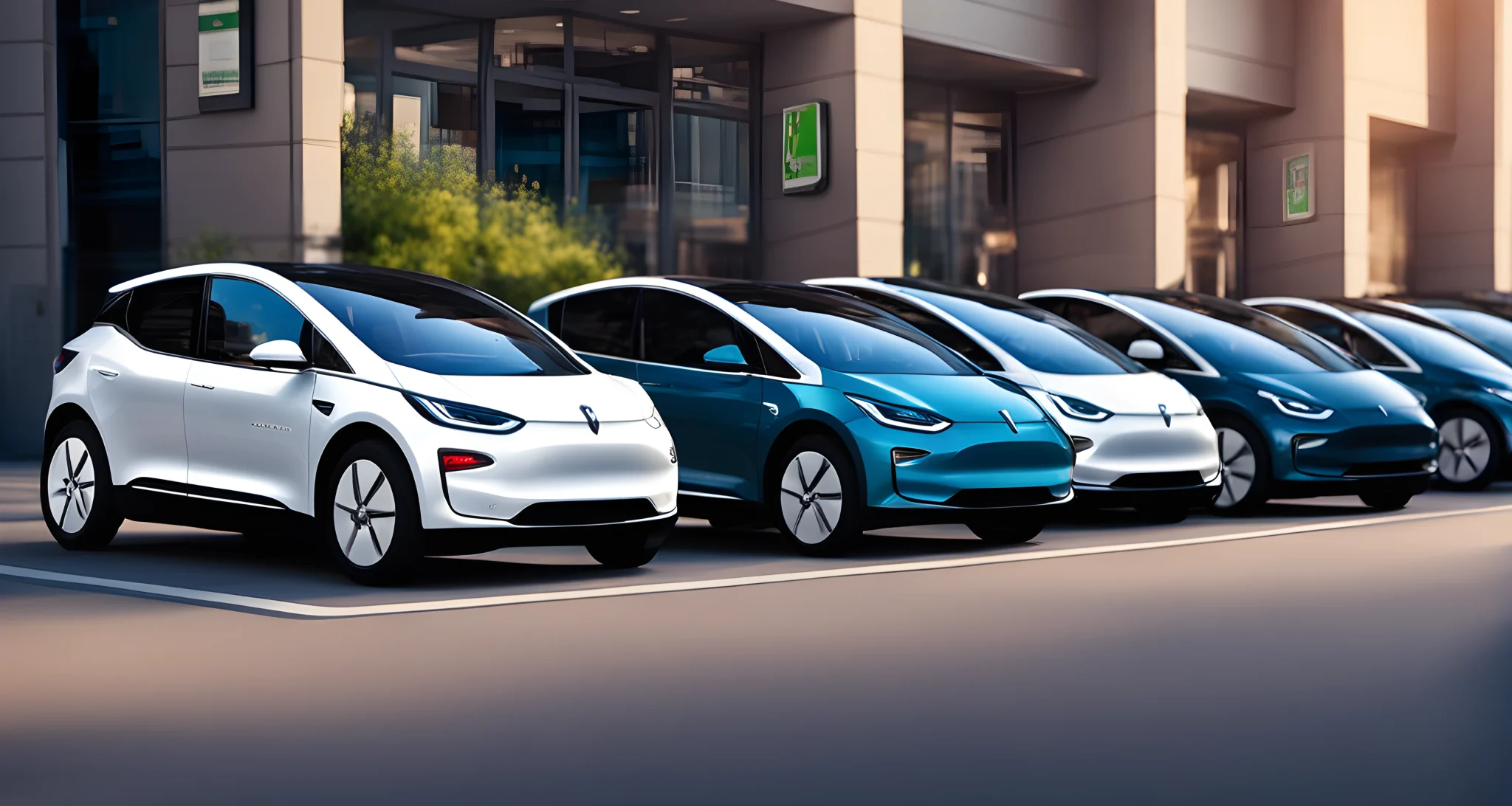 The image shows a line-up of electric vehicles with charging stations in the background.