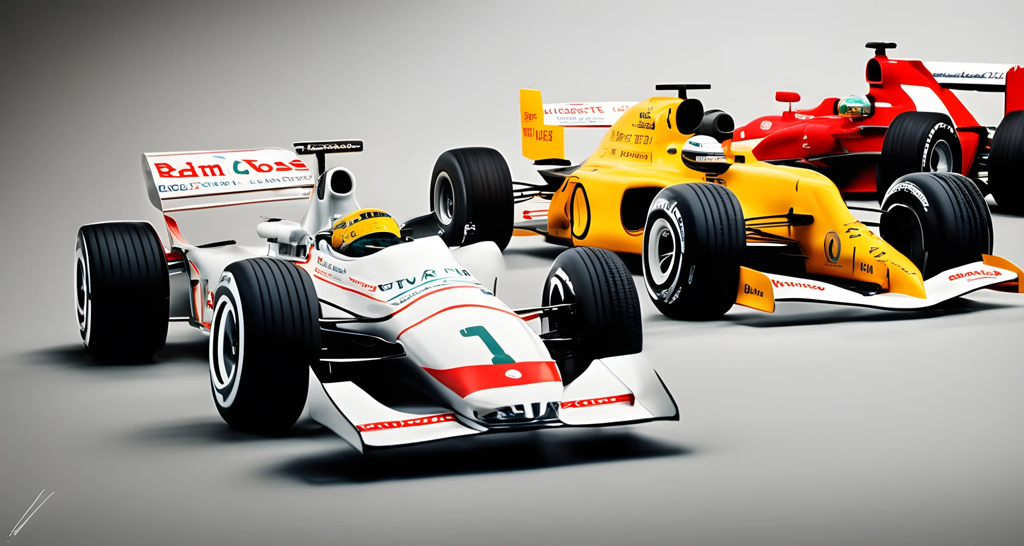 The image shows a lineup of Formula One cars from different eras, showcasing the evolution of the design and technology used in the sport throughout the years.