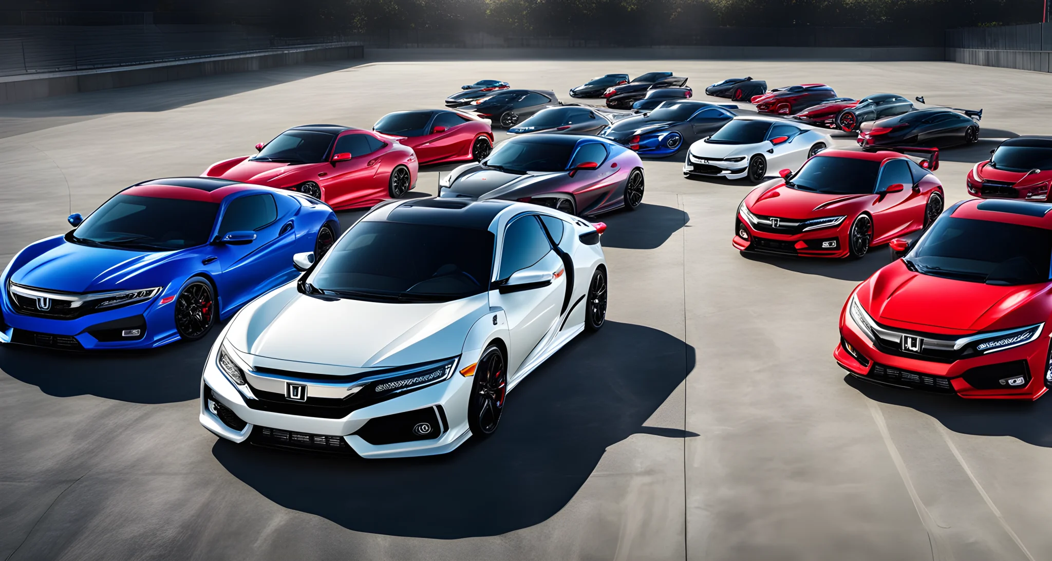 The image shows a lineup of Honda performance cars receiving awards and recognition.