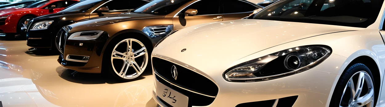 The image shows a lineup of luxury and exotic cars in a showroom in China.