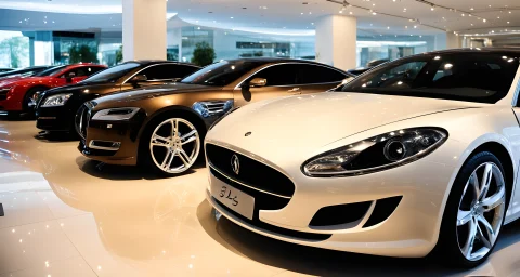 The image shows a lineup of luxury and exotic cars in a showroom in China.