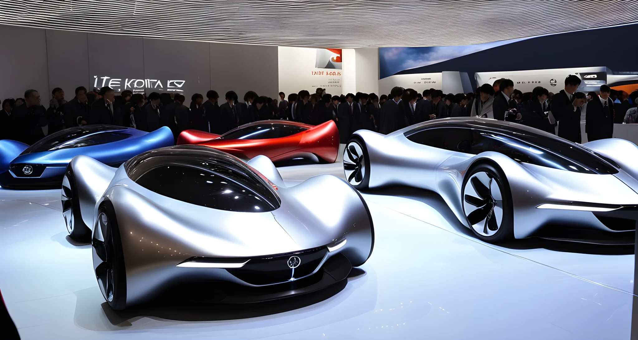 The image shows a lineup of sleek, futuristic concept cars on display at the Tokyo Auto Show.