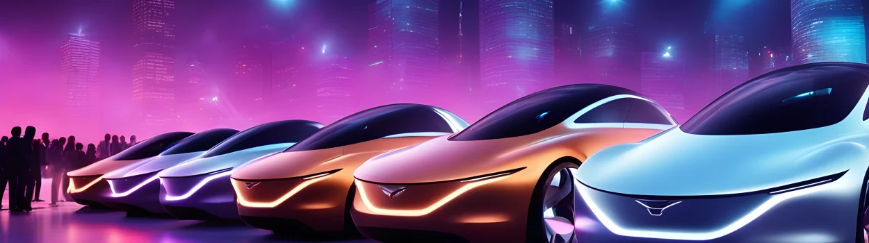 The image shows a lineup of sleek, futuristic concept cars on a stage, with bright lights and a large audience in the background.