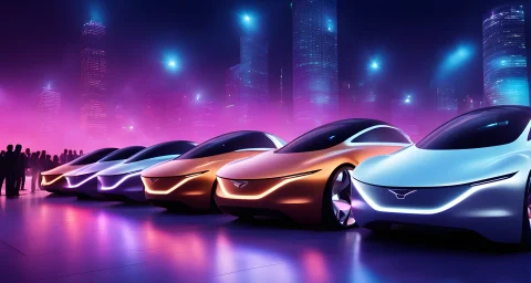 The image shows a lineup of sleek, futuristic concept cars on a stage, with bright lights and a large audience in the background.