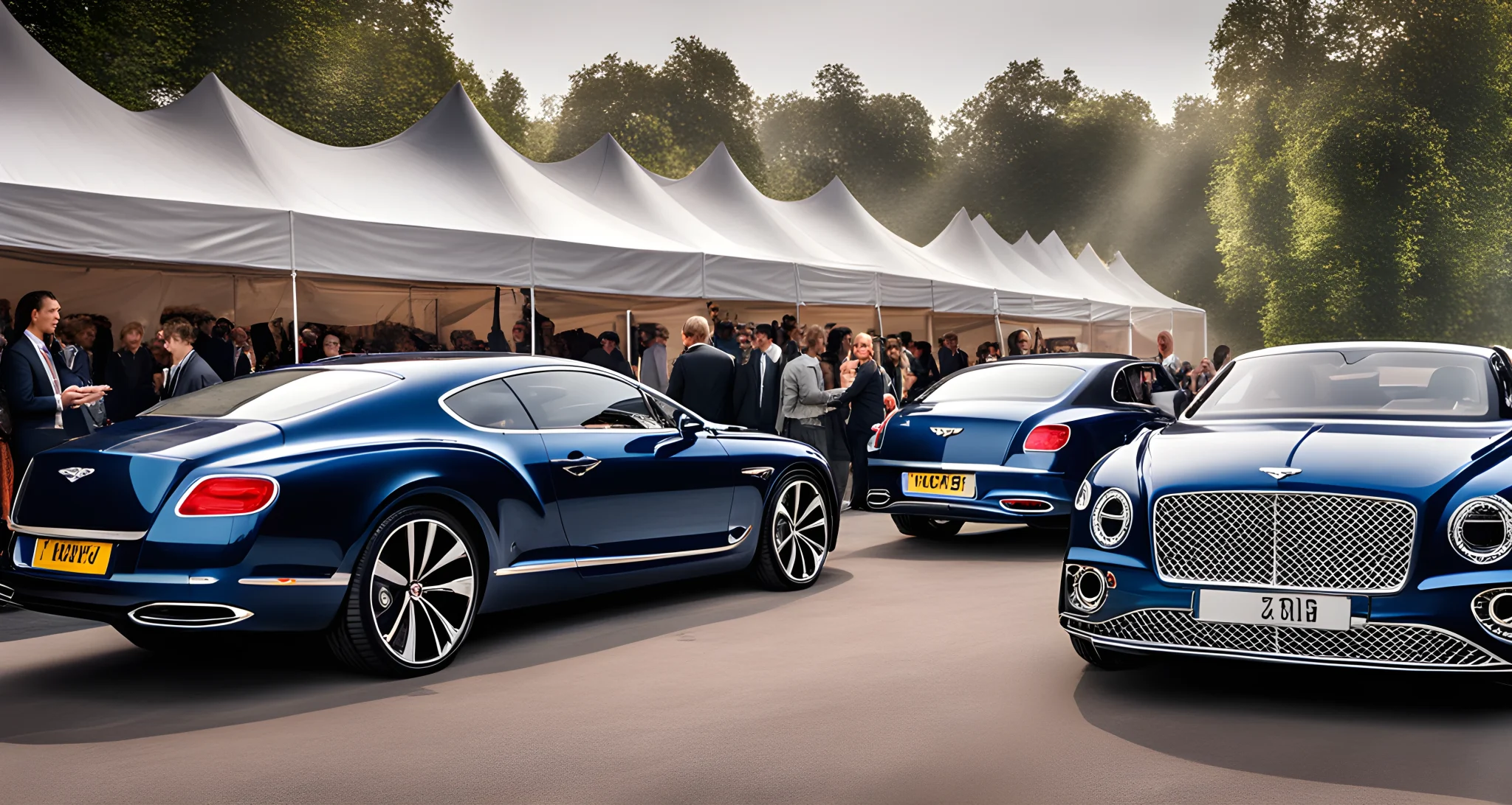 The image shows a lineup of sleek, luxury Bentley vehicles parked at a car event. Attendees are seen mingling and admiring the cars.