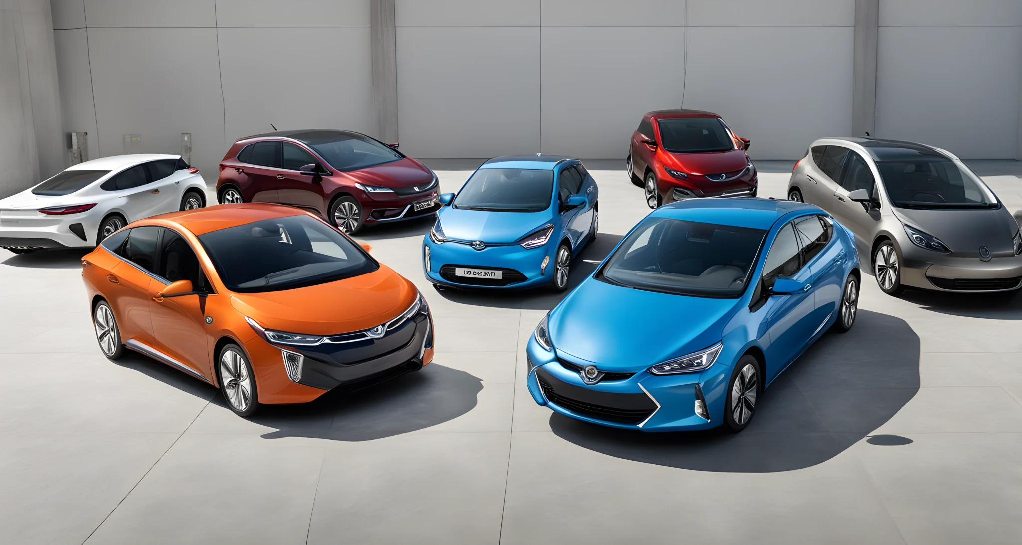 The image shows a lineup of the latest hybrid vehicles from various car manufacturers, including electric and gas-powered components.