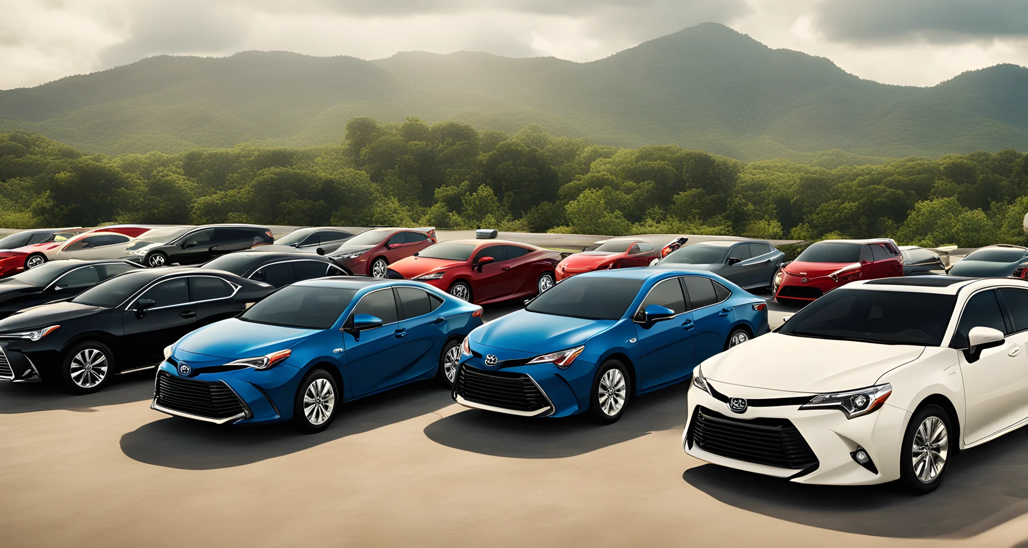 The image shows a lineup of Toyota vehicles, including sedans and SUVs.