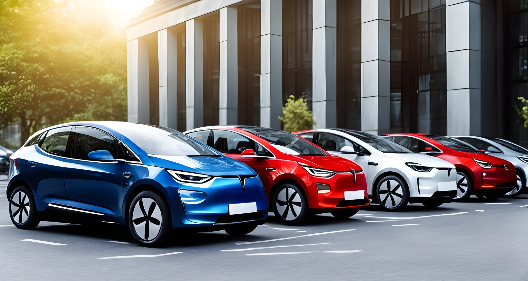 The image shows a lineup of various electric car models from different manufacturers.