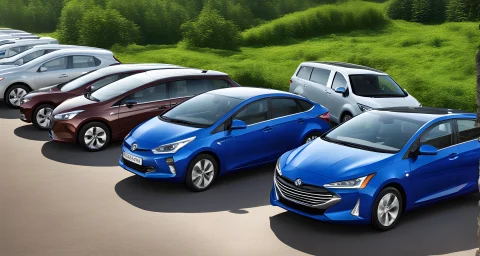 The image shows a lineup of various hybrid vehicles from different manufacturers.