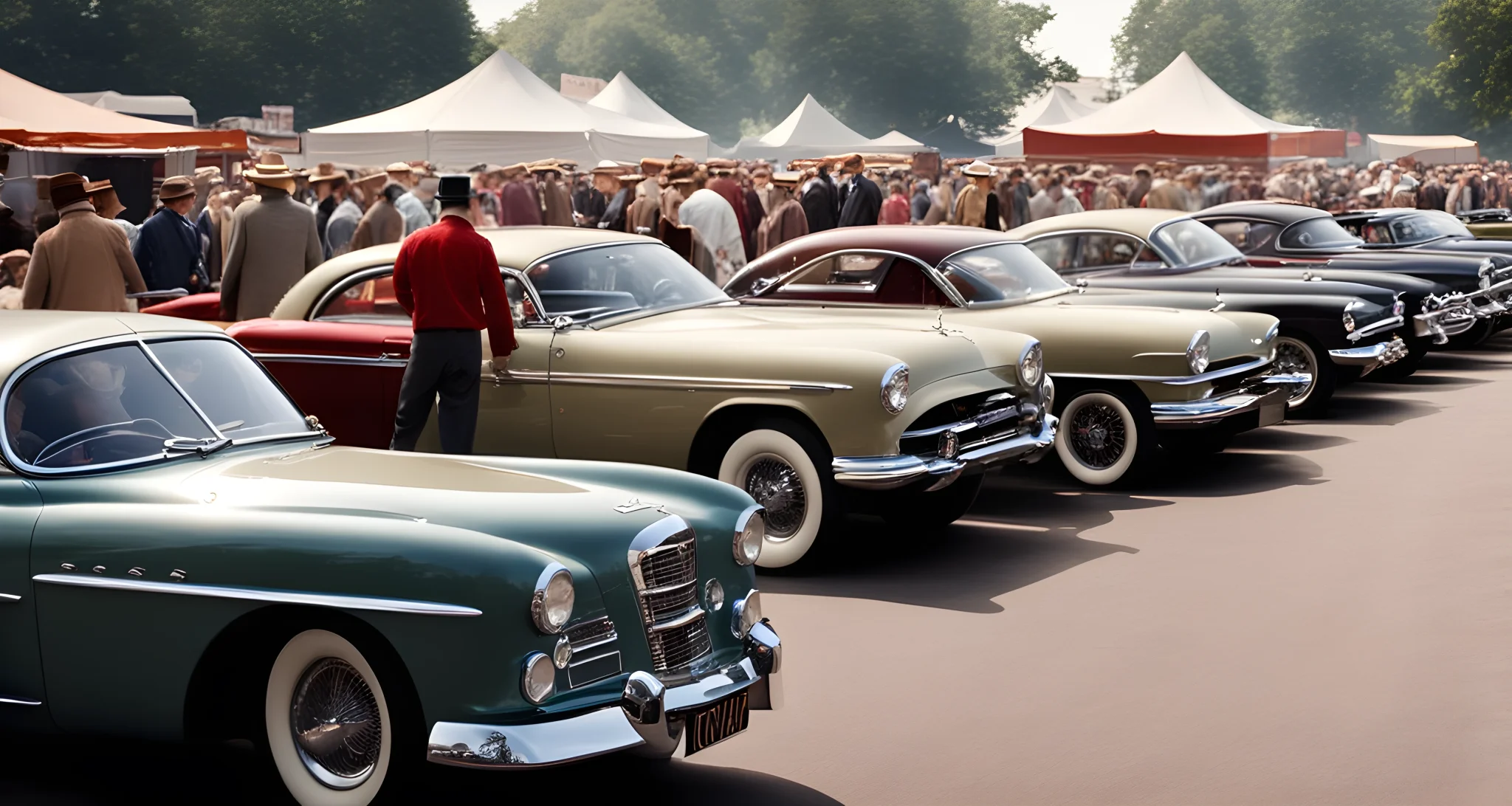 The image shows a lineup of vintage and luxury cars at a car show, with people milling around and admiring the vehicles.
