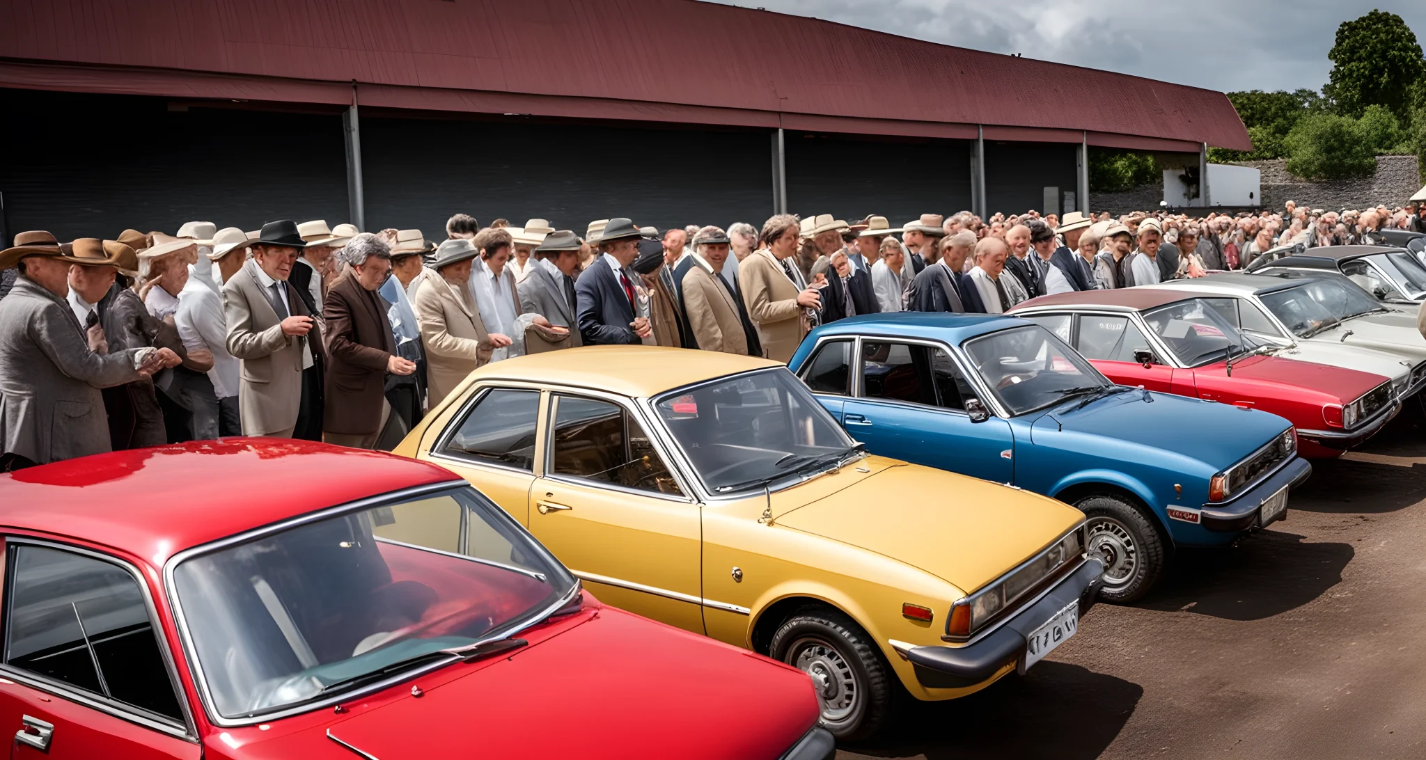 The image shows a lineup of vintage Mazda cars at an auction, with bidders and auctioneers in the background.