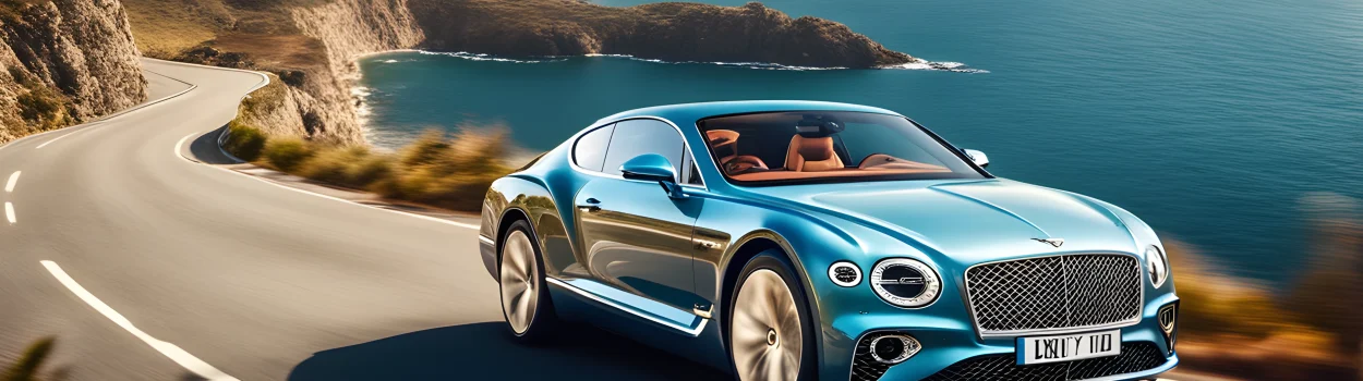 The image shows a luxurious Bentley car driving along a winding coastal road with beautiful ocean views.