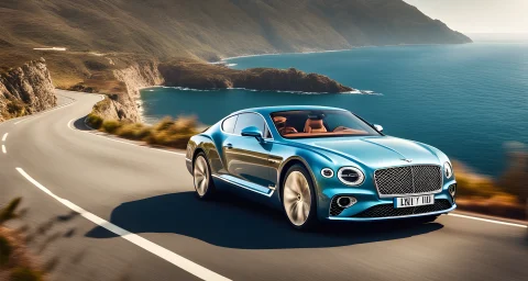 The image shows a luxurious Bentley car driving along a winding coastal road with beautiful ocean views.
